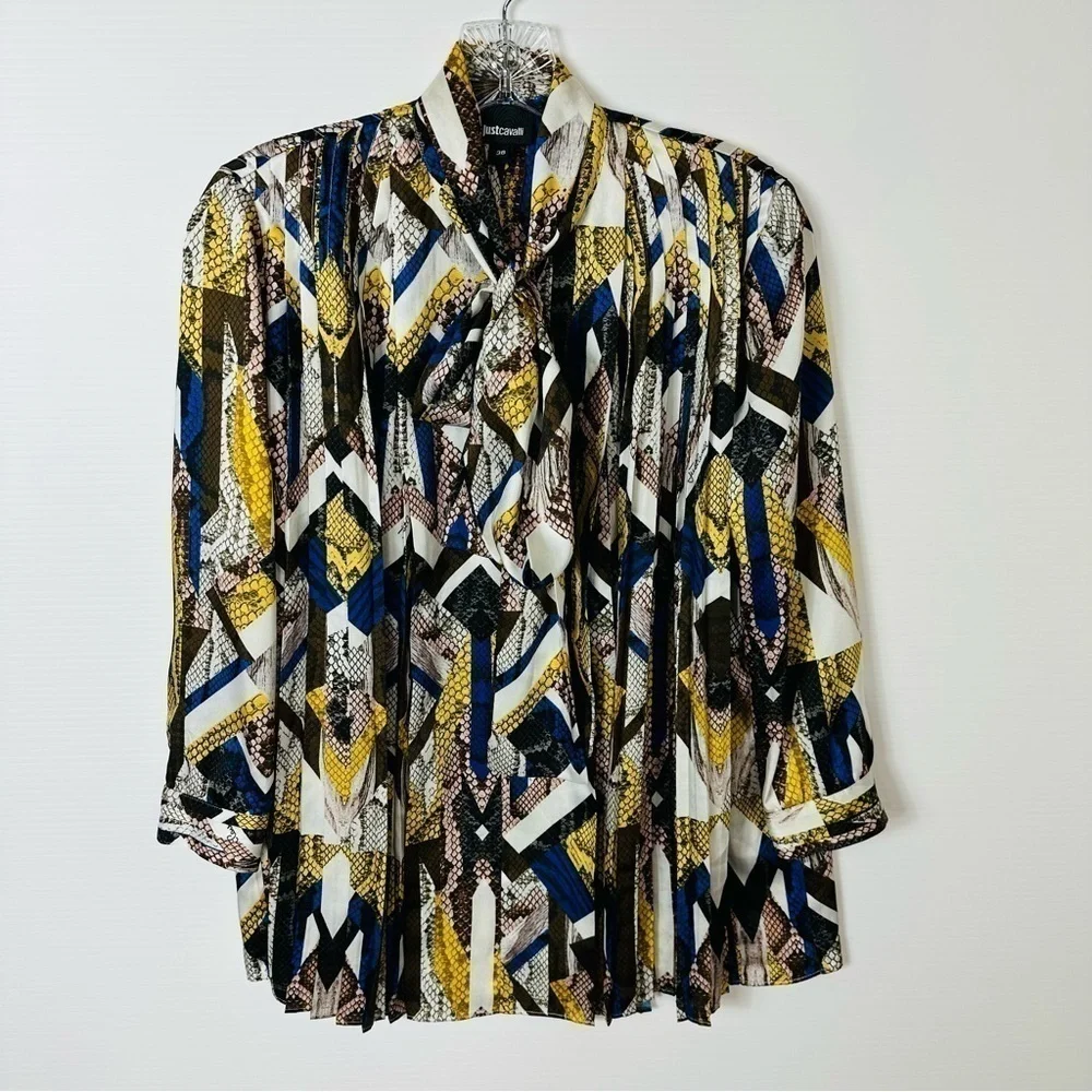 Just Cavalli Sz 38 Blouse Tie Neck Pleated - Picture 4 of 16